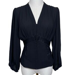 WHBM Blouse Women 4 Black Corset Lace Inset V-Neck Balloon Sleeve Whimsigoth